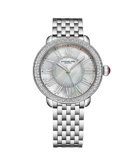 Женские кварцевые часы Stuhrling Regalia с 40-миллиметровым циферблатом – Белый циферблат с перламутром, безель с кристаллами, Браслет из нержавеющей стали
