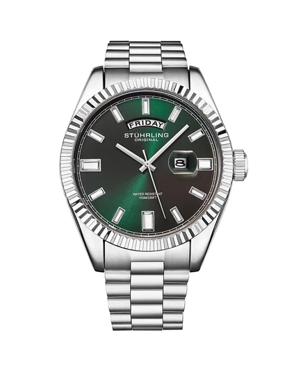 Мужские часы Stuhrling Statesman 4070 – Браслет из нержавеющей стали, Зеленый циферблат, Кварцевые часы с индикацией дня и даты, 42-миллиметровый рифленый безель без цвета