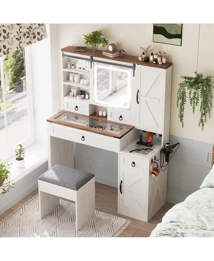 Фермерский туалетный столик Streamdale Furniture с выдвижным зеркалом, подсветкой, зарядкой