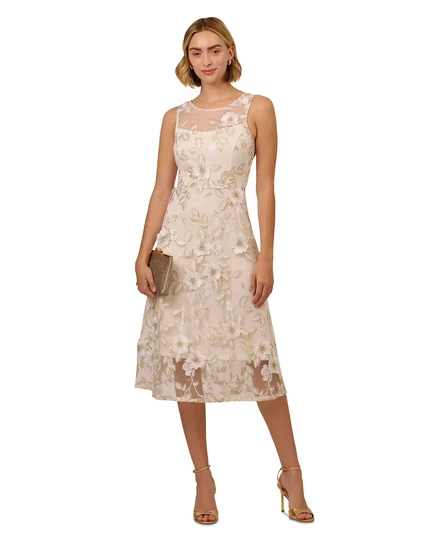 Женское облегающее миди-платье Adrianna Papell с цветочной вышивкой Illusion Fit & Flare ivory/gold