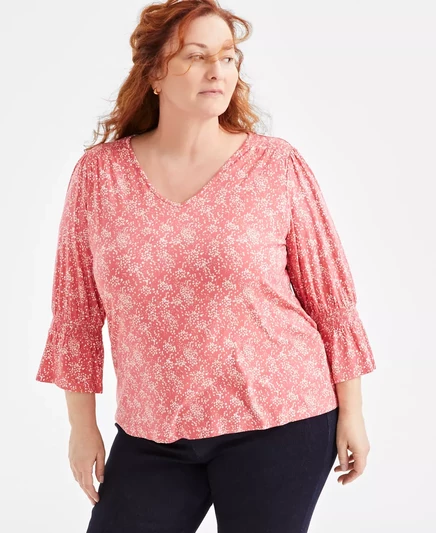  Топ с присборенным рукавом 3/4 и принтом большого размера, эксклюзивно от Macy's  dot pink