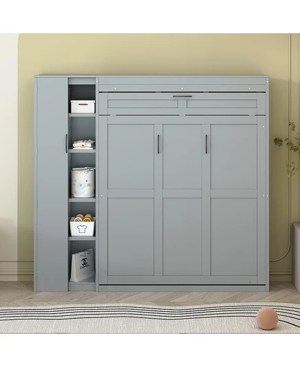 Мебель Streamdale Полноразмерная кровать Murphy Bed Настенная кровать с полками, шкафом и светодиодной подсветкой, бело-серая