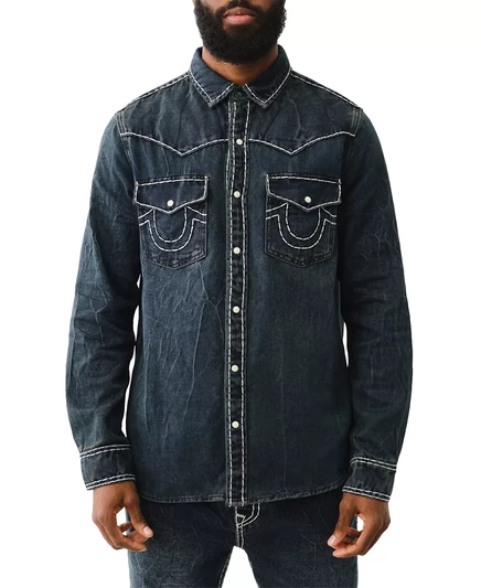 Джинсовая рубашка True Religion Mens Super T Western с длинным рукавом и пуговицами спереди fleet blue