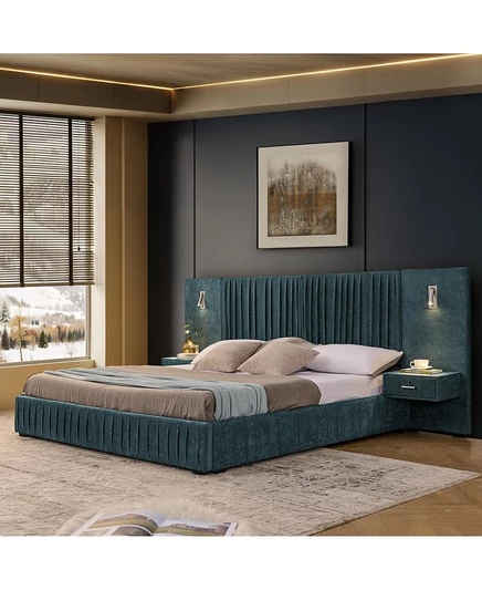 Каркас кровати Streamdale King Size с мягкой обивкой из синели, плиссированный дизайн, пружинный блок не требуется-Сине-зеленый синий