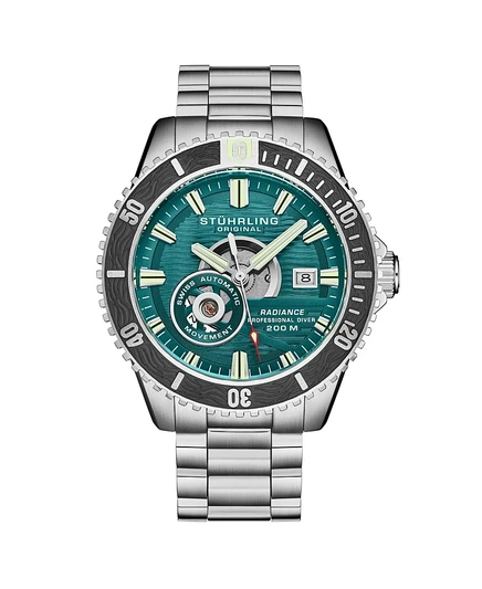 Мужские часы с автоподзаводом Stuhrling 1013 Швейцарский механизм Бирюзовый циферблат безель из оружейного металла Браслет из нержавеющей стали Водонепроницаемость для дайверов 200 метров Окошко даты