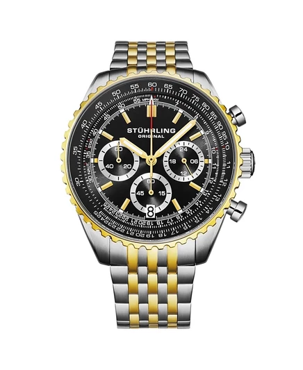 Мужские кварцевые часы с хронографом Stuhrling s 1010B, корпус из нержавеющей стали диаметром 42 мм, серебристый циферблат, Стальной браслет черного цвета
