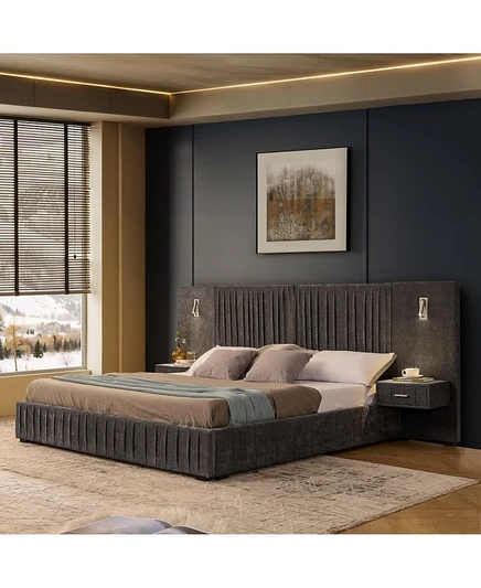 Каркас кровати Streamdale Furniture King Size с мягкой обивкой из синели, плиссированный дизайн, без пружинного блока - Темно-серый