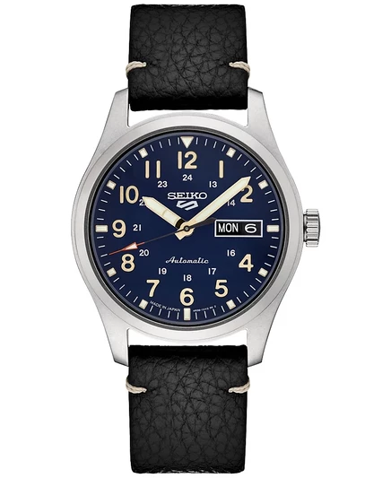 Мужские автоматические часы Seiko с 5 спортивными часами на черном кожаном ремешке 43 мм