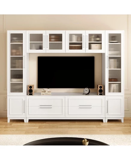 Современный развлекательный центр Streamdale Furniture со стеклянными дверями и выдвижными ящиками белого цвета