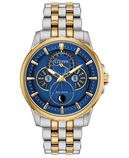 Мужские часы Citizen Eco-Drive с двухцветным календарем и браслетом из нержавеющей стали диаметром 44 мм