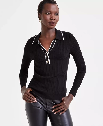  Женский топ с контрастным воротником, эксклюзивно представленный в Macy's black w wh