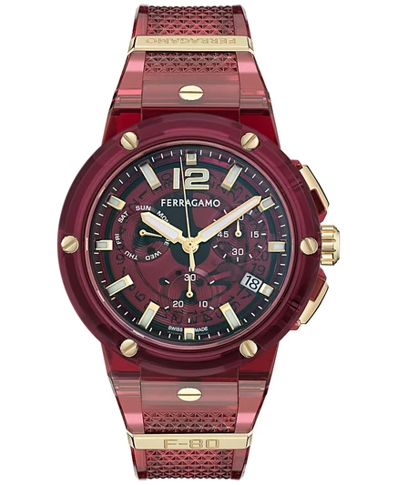 Мужские швейцарские часы с хронографом Ferragamo F-80 на полупрозрачном бордовом полиуретановом ремешке 44 мм красного цвета