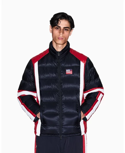 Мужской пуховик с цветным блоком из ленты deep navy haute red