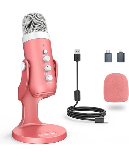 Игровой USB-микрофон ZealSound Pink, Быстрое отключение звука для телефона, ПК, PS5, Регулировка усиления, Эхо и громкость монитора, Потоковое вещание, Запись вокала, ASMR, Подкаст, Видео