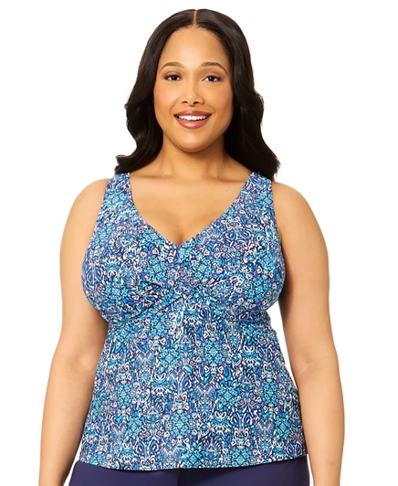 Топ-танкини Island Escape Plus Size с V-образным вырезом и принтом на косточках, эксклюзивный синий цвет Macy's