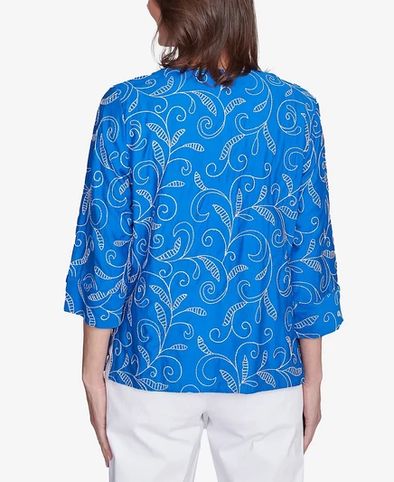 Женский топ с вышитыми манжетами на рукавах Alfred Dunner от Parrot Cay Scroll cobalt blue
