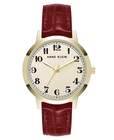 Женские повседневные кварцевые часы Anne Klein из красной полиуретановой кожи и золотистого металлического сплава Boyfriend Watch, 34 мм