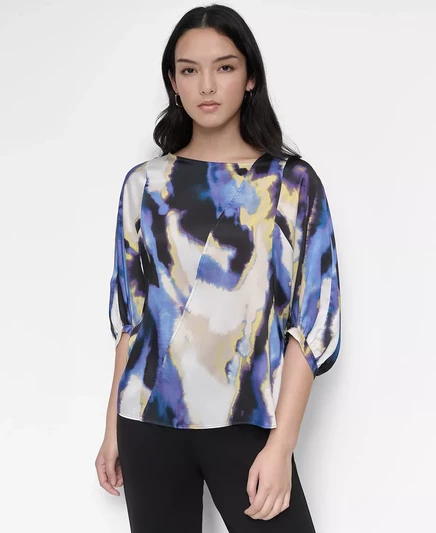  Женский асимметричный топ с принтом и рукавами-баллонами 3/4 DKNY vertical wave
