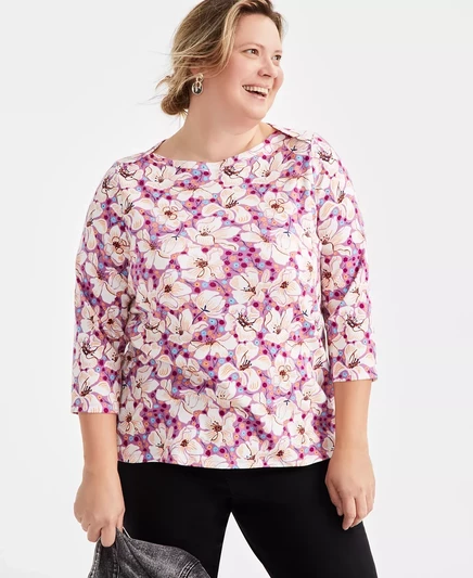  Хлопковый топ с рукавами 3/4 и принтом большого размера, эксклюзивно от Macy's blooming pink