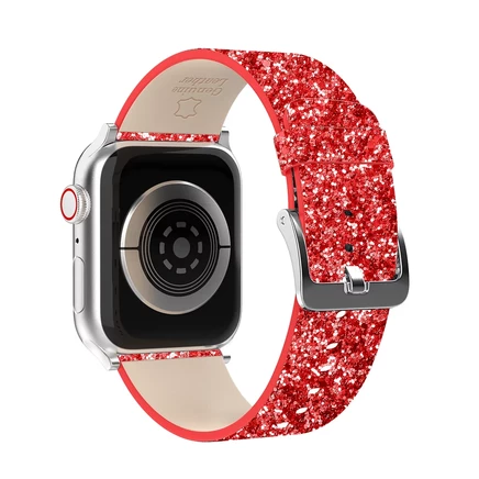 Кожаный ремешок Waloo с блестками для Apple Watch red