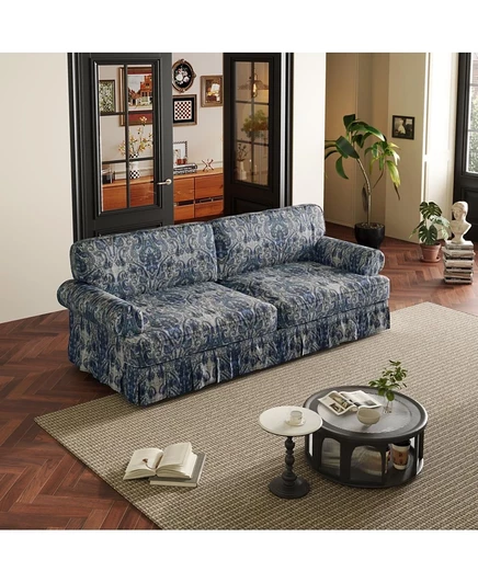 Streamdale Furniture 74" 3-местный диван Cloud, диван из ткани Оксфорд с закатанными подлокотниками и юбкой, синий в цветочек