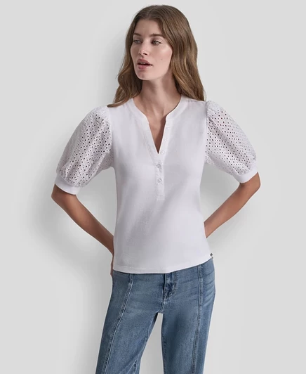 Женский топ DKNY Jeans Henley с пышными рукавами, белый