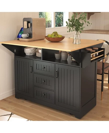 Кухонный остров на колесиках Maison Boucle 55.7" с двойными откидными створками, электрической розеткой, выдвижными ящиками и шкафчиками для хранения