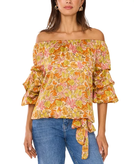 Женский топ с открытыми плечами и пышными рукавами от Vince Camuto с принтом crushed orange