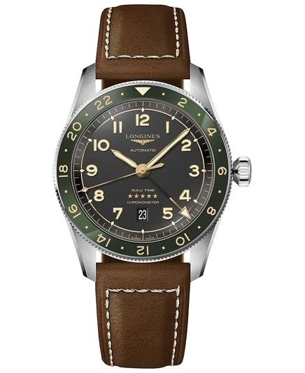 Мужские швейцарские часы Longines с автоматическим управлением Spirit Zulu Time на коричневом кожаном ремешке 42 мм черного цвета