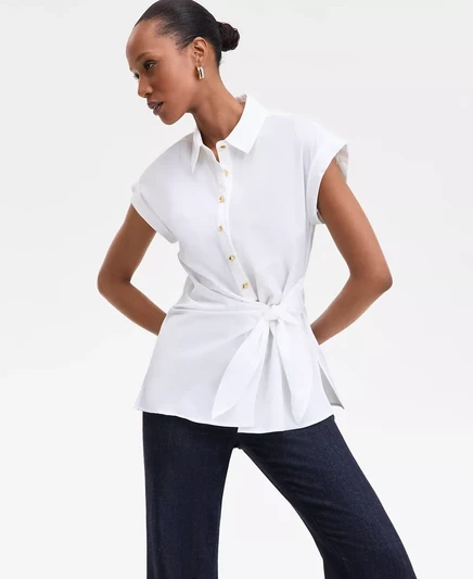  Женская рубашка с завязкой на талии спереди, эксклюзивно в Macy's bright whi