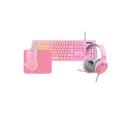 Комбинированная клавиатура RadioShack Mistic Gaming, Мышь, Наушники, RGB-подсветка, Эргономичный дизайн, Розовый, Подключение через USB, Полный игровой набор, розовый