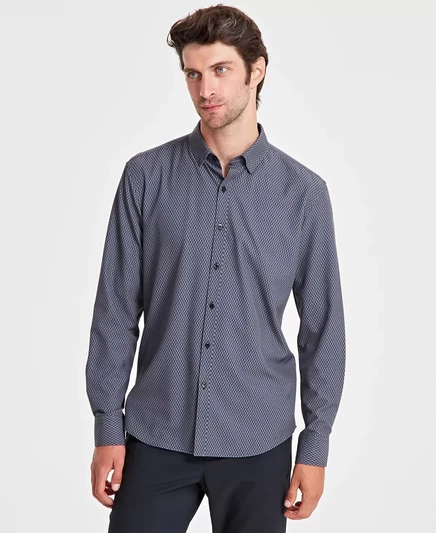  Мужская рубашка Alfatech Hex Line Regular-Fit с 4-полосным эластичным принтом на пуговицах с гео-принтом, созданная для Macy's  deep black