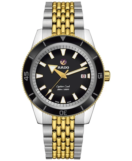 Мужские часы Rado Captain Cook с автоматическим двухцветным браслетом из нержавеющей стали 42 мм черного цвета