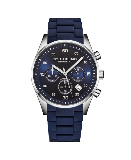 Мужские кварцевые часы Stuhrling Velocity 4076 с хронографом диаметром 43 мм – Многофункциональный циферблат, хрусталь Krysterna, силиконовый ремешок, 50 м, синий