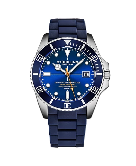 Мужские швейцарские кварцевые часы для дайверов Stuhrling Depthmaster Heritage 4087, черный циферблат диаметром 44 мм с красными вставками синего цвета