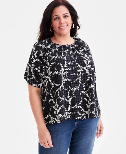 Топ с пышными рукавами и принтом большого размера от Style & Co, эксклюзивно от Macy's black