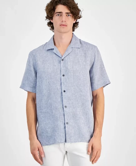  Мужская однотонная льняная рубашка свободного покроя на пуговицах dark chambray