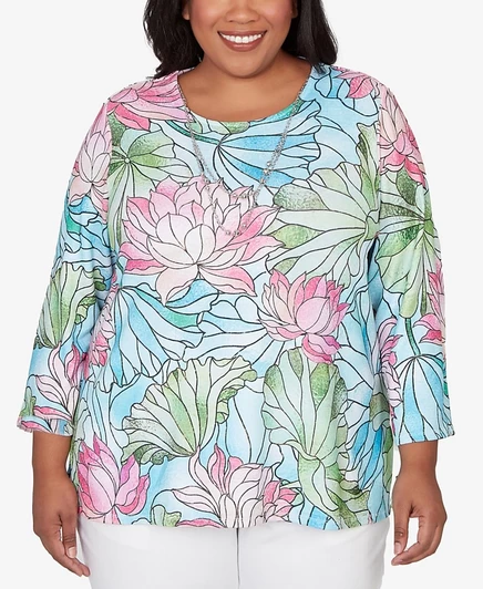 Классический топ с цветочным принтом из витражного стекла Alfred Dunner Plus Size и колье розового цвета