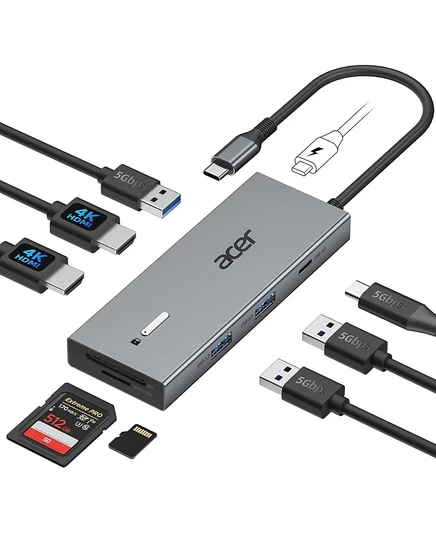 Док-станция Acer USB-C с двумя разъемами HDMI | Многопортовый адаптер для ноутбука 9-в-1 | 4K HDMI, порты USB A & C, SD / Micro SD, зарядка PD мощностью 100 Вт | Совместима с компьютерами Mac, Dell, HP, Surface и другими серыми