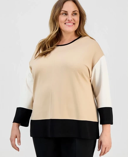 Топ с длинными рукавами в цветную клетку Jones New York Plus Size коричнево-бежевый