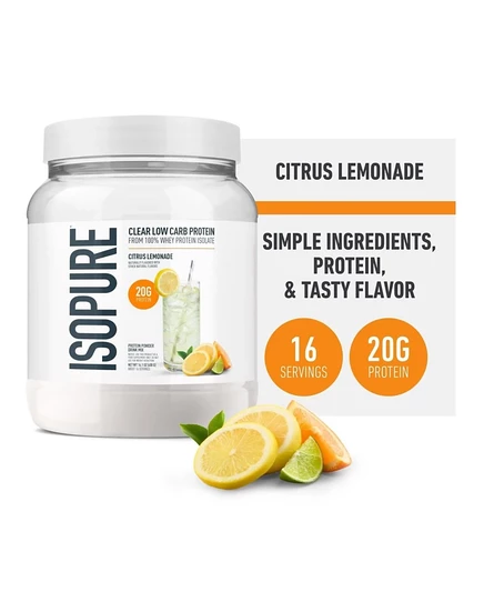 Isopure Clear Низкоуглеводный порошок из 100% изолята сывороточного протеина, цитрусовый лимонад, 20 г протеина, примерно 16 порций без цвета.