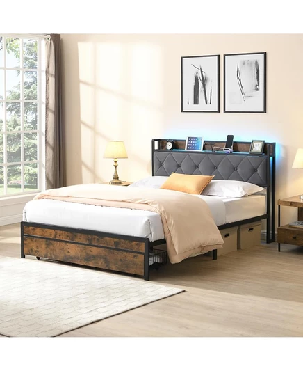 Каркас кровати Streamdale Furniture King со светодиодным изголовьем, выдвижные ящики для хранения, USB-зарядка, коричневый