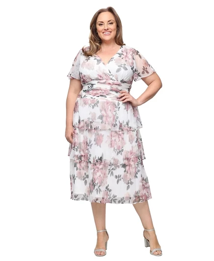 Платье чайной длины с V-образным вырезом и принтом SL Fashions Plus Size multi