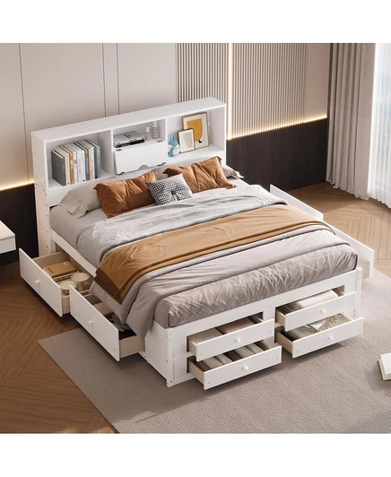 Кровать-платформа Streamdale Furniture с изголовьем для хранения вещей и 8 выдвижными ящиками белого цвета