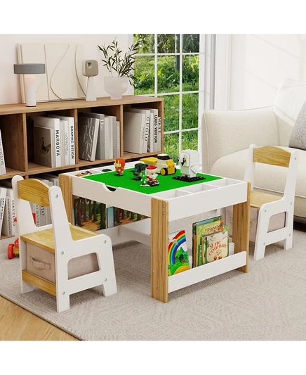 Игровой стол Flynama Kids 2 в 1 с 7 отделениями для хранения вещей, 2 стула, белая доска, совместимая с конструктором LEGO, Современная мебель для активного отдыха и обучения, без цвета