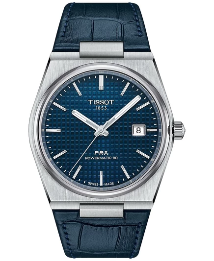 Мужские часы Tissot PRX Powermatic 80 автомат 40 мм, синий кожаный ремешок