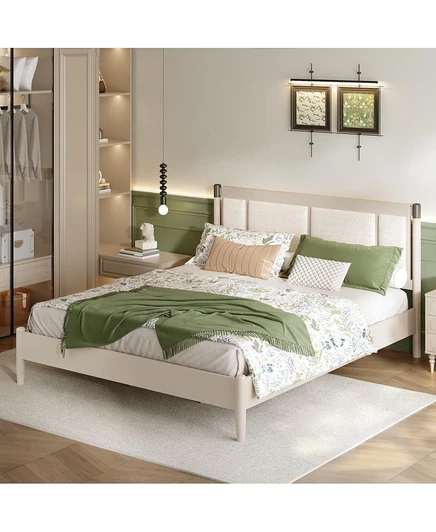 Двуспальная кровать Streamdale Furniture из массива дерева, изголовье с серой обивкой, Пружинный блок не требуется