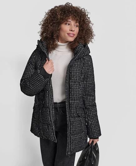Женский пуховик DKNY с поясом и капюшоном, коричневый