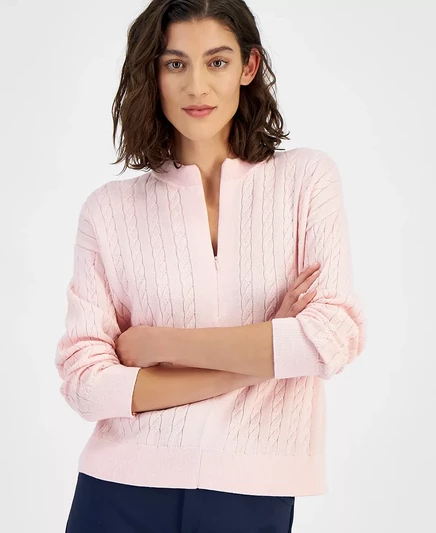 Женский свитер кабельной вязки Tommy Hilfiger с застежкой на четверть молнии pink