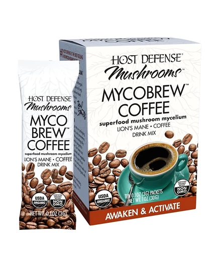 Host Defense MycoBrew Coffee Растворимый кофе Арабика с грибами Львиной гривы, смесь для напитков, Пробуждающий и активирующий, 10 пакетиков белого цвета